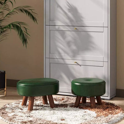 Traditional Vintage Four-Leaf Clover-Shaped Oval Oil Wax Leather Solid Wood Sponge Low Stool Backless Armless For Living Room