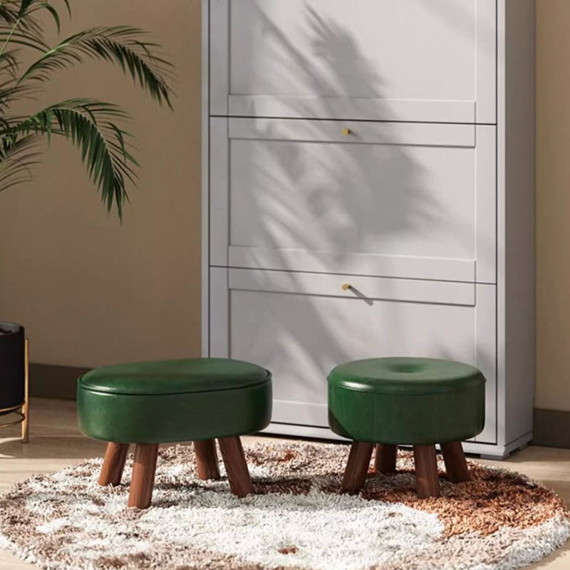 Traditional Vintage Four-Leaf Clover-Shaped Oval Oil Wax Leather Solid Wood Sponge Low Stool Backless Armless For Living Room