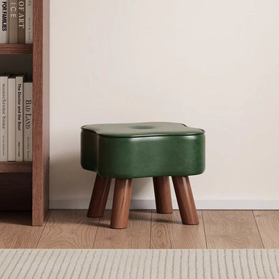 Traditional Vintage Four-Leaf Clover-Shaped Oval Oil Wax Leather Solid Wood Sponge Low Stool Backless Armless For Living Room