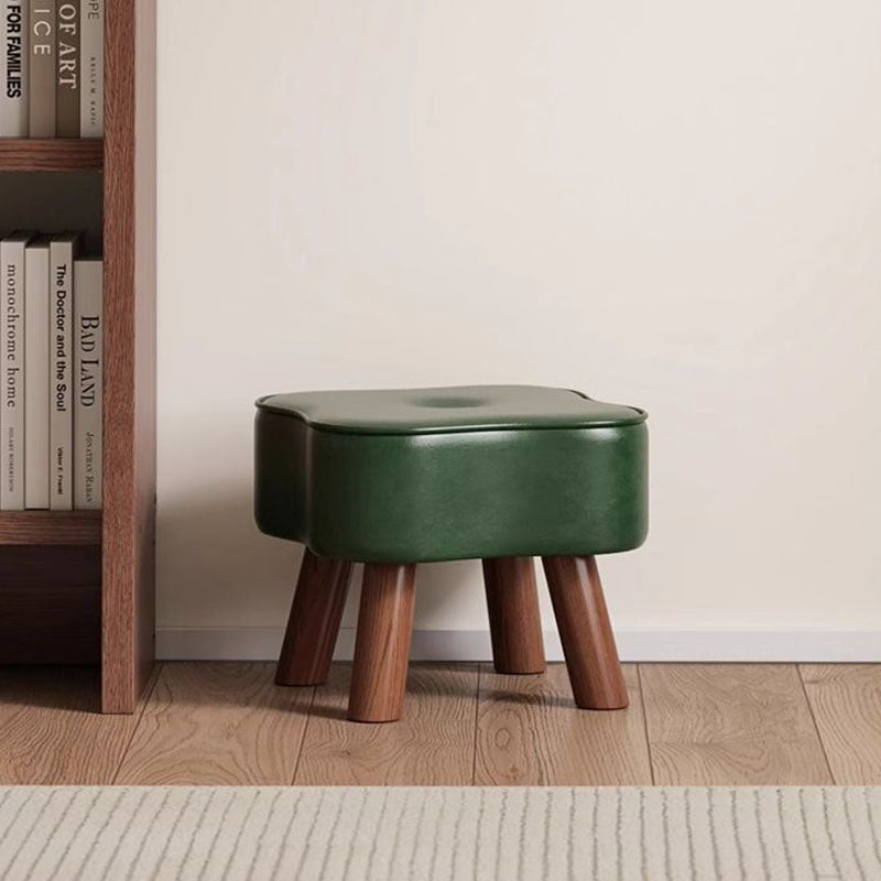 Traditional Vintage Four-Leaf Clover-Shaped Oval Oil Wax Leather Solid Wood Sponge Low Stool Backless Armless For Living Room