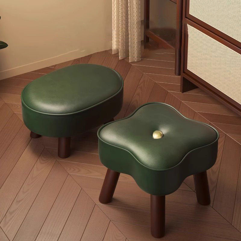 Traditional Vintage Four-Leaf Clover-Shaped Oval Oil Wax Leather Solid Wood Sponge Low Stool Backless Armless For Living Room