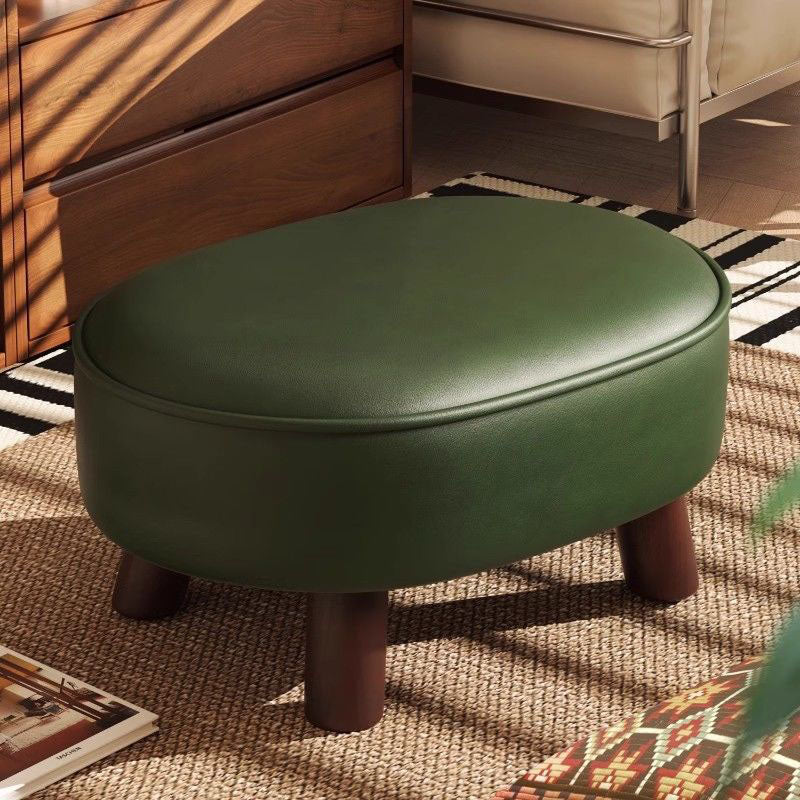Traditional Vintage Four-Leaf Clover-Shaped Oval Oil Wax Leather Solid Wood Sponge Low Stool Backless Armless For Living Room