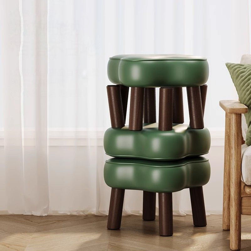 Traditional Vintage Four-Leaf Clover-Shaped Oval Oil Wax Leather Solid Wood Sponge Low Stool Backless Armless For Living Room