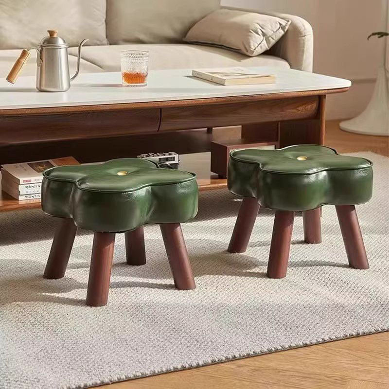 Traditional Vintage Four-Leaf Clover-Shaped Oval Oil Wax Leather Solid Wood Sponge Low Stool Backless Armless For Living Room