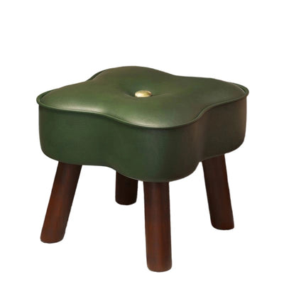 Traditional Vintage Four-Leaf Clover-Shaped Oval Oil Wax Leather Solid Wood Sponge Low Stool Backless Armless For Living Room