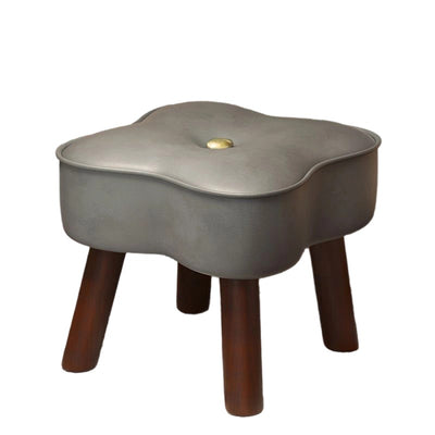 Traditional Vintage Four-Leaf Clover-Shaped Oval Oil Wax Leather Solid Wood Sponge Low Stool Backless Armless For Living Room