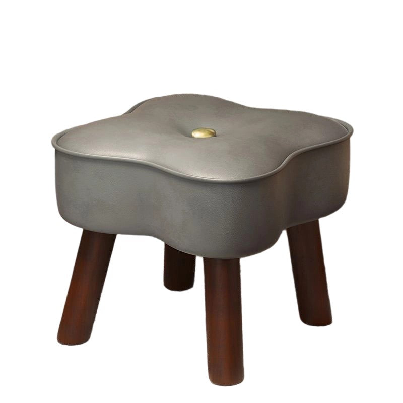 Traditional Vintage Four-Leaf Clover-Shaped Oval Oil Wax Leather Solid Wood Sponge Low Stool Backless Armless For Living Room
