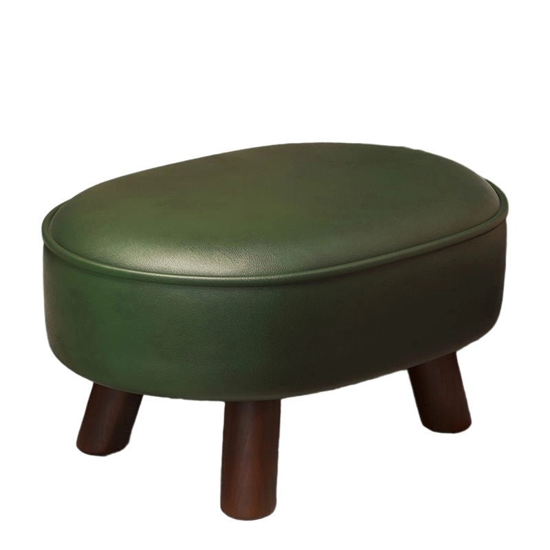 Traditional Vintage Four-Leaf Clover-Shaped Oval Oil Wax Leather Solid Wood Sponge Low Stool Backless Armless For Living Room