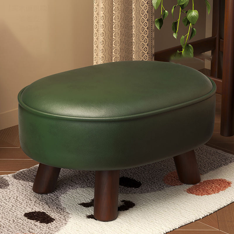 Traditional Vintage Four-Leaf Clover-Shaped Oval Oil Wax Leather Solid Wood Sponge Low Stool Backless Armless For Living Room