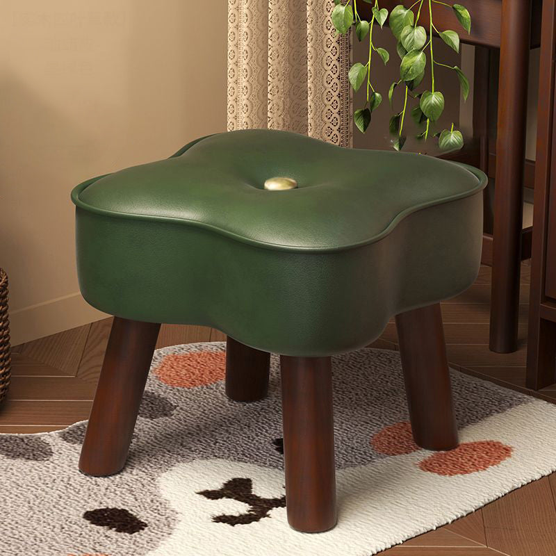 Traditional Vintage Four-Leaf Clover-Shaped Oval Oil Wax Leather Solid Wood Sponge Low Stool Backless Armless For Living Room