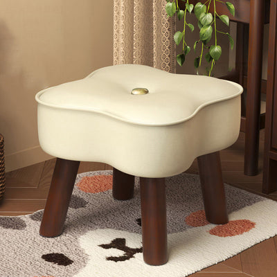 Traditional Vintage Four-Leaf Clover-Shaped Oval Oil Wax Leather Solid Wood Sponge Low Stool Backless Armless For Living Room