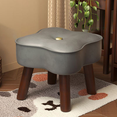Traditional Vintage Four-Leaf Clover-Shaped Oval Oil Wax Leather Solid Wood Sponge Low Stool Backless Armless For Living Room
