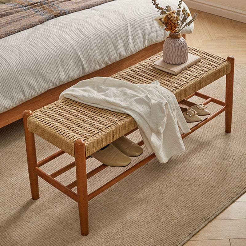 Traditional Vintage Rectangular Rope Weaving Rubberwood Shoe Bench Armless For Entryways