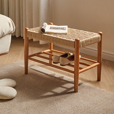 Traditional Vintage Rectangular Rope Weaving Rubberwood Shoe Bench Armless For Entryways