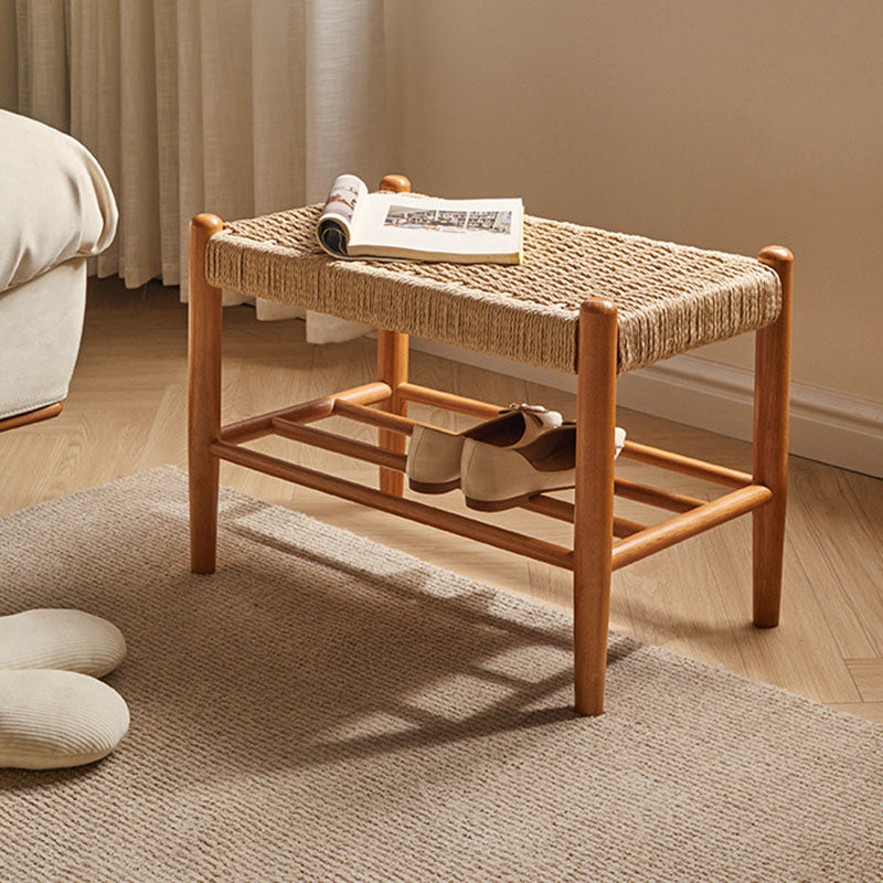 Traditional Vintage Rectangular Rope Weaving Rubberwood Shoe Bench Armless For Entryways