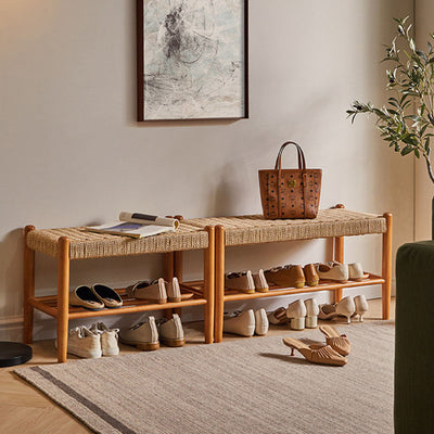 Traditional Vintage Rectangular Rope Weaving Rubberwood Shoe Bench Armless For Entryways