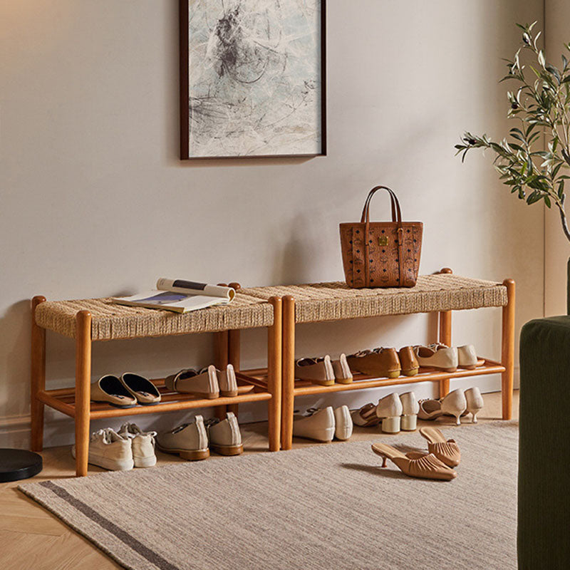 Traditional Vintage Rectangular Rope Weaving Rubberwood Shoe Bench Armless For Entryways