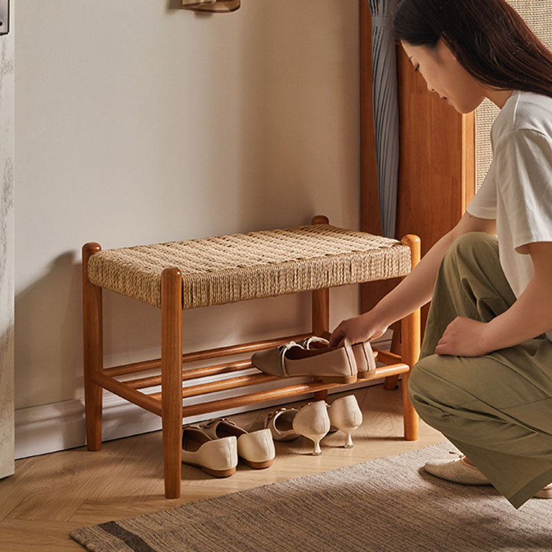 Traditional Vintage Rectangular Rope Weaving Rubberwood Shoe Bench Armless For Entryways
