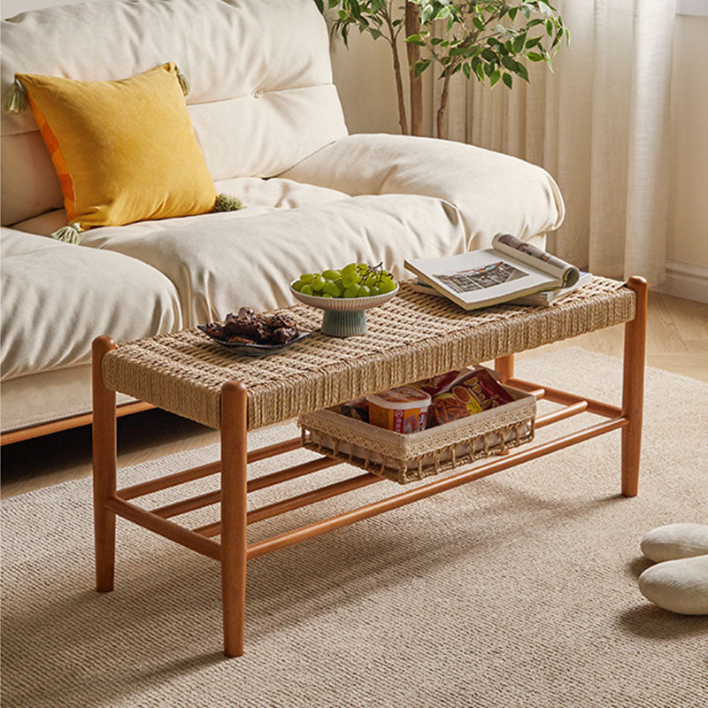 Traditional Vintage Rectangular Rope Weaving Rubberwood Shoe Bench Armless For Entryways