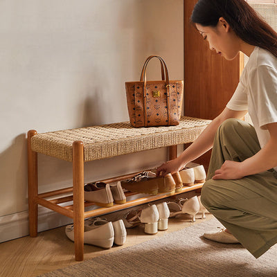 Traditional Vintage Rectangular Rope Weaving Rubberwood Shoe Bench Armless For Entryways
