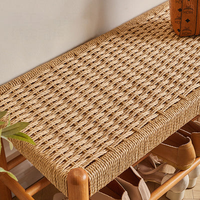 Traditional Vintage Rectangular Rope Weaving Rubberwood Shoe Bench Armless For Entryways