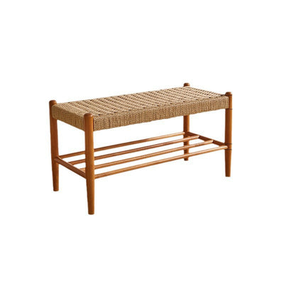 Traditional Vintage Rectangular Rope Weaving Rubberwood Shoe Bench Armless For Entryways
