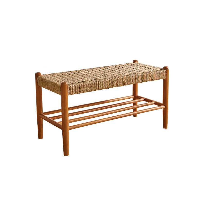 Traditional Vintage Rectangular Rope Weaving Rubberwood Shoe Bench Armless For Entryways