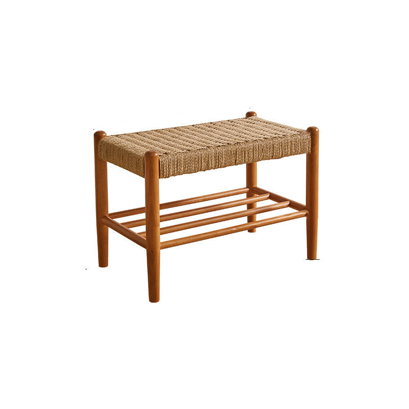 Traditional Vintage Rectangular Rope Weaving Rubberwood Shoe Bench Armless For Entryways