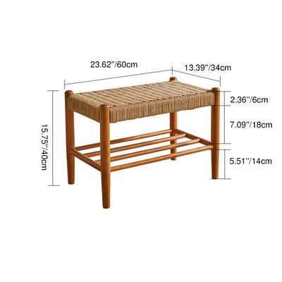 Traditional Vintage Rectangular Rope Weaving Rubberwood Shoe Bench Armless For Entryways