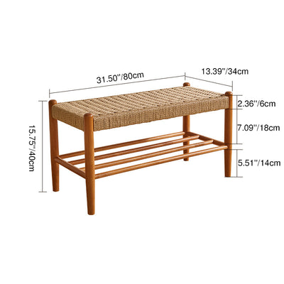Traditional Vintage Rectangular Rope Weaving Rubberwood Shoe Bench Armless For Entryways