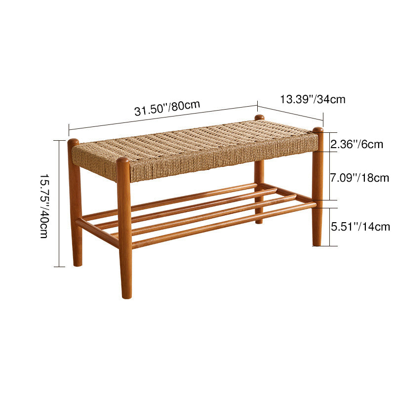 Traditional Vintage Rectangular Rope Weaving Rubberwood Shoe Bench Armless For Entryways