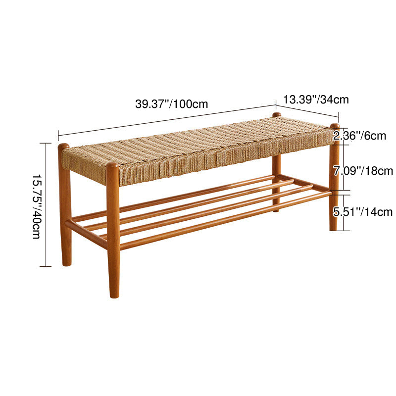 Traditional Vintage Rectangular Rope Weaving Rubberwood Shoe Bench Armless For Entryways