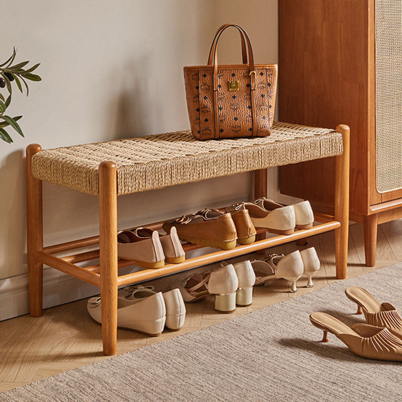 Traditional Vintage Rectangular Rope Weaving Rubberwood Shoe Bench Armless For Entryways