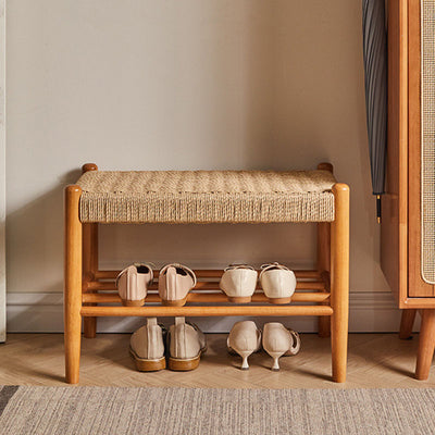 Traditional Vintage Rectangular Rope Weaving Rubberwood Shoe Bench Armless For Entryways