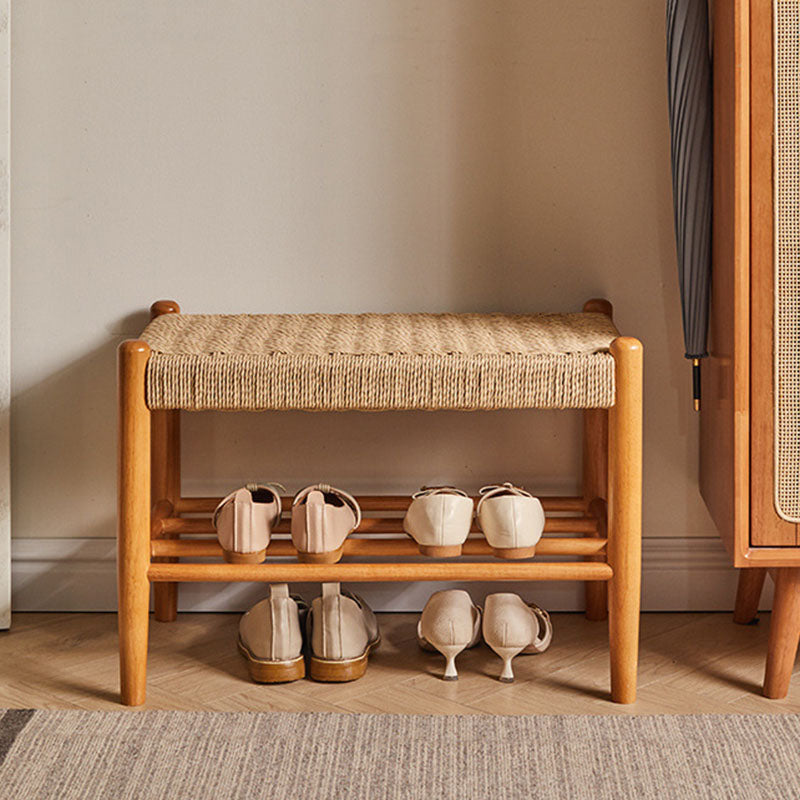 Traditional Vintage Rectangular Rope Weaving Rubberwood Shoe Bench Armless For Entryways