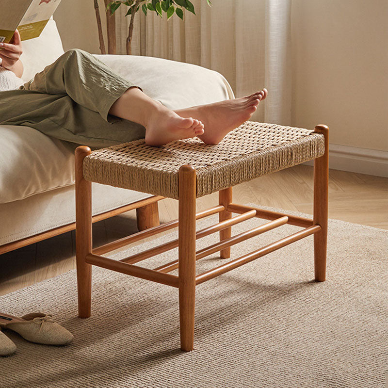 Traditional Vintage Rectangular Rope Weaving Rubberwood Shoe Bench Armless For Entryways