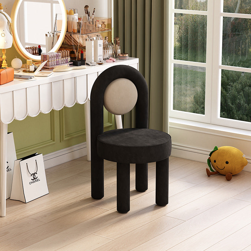 Moderner minimalistischer Schminkhocker mit rundem Bogen, aus Wildlederstoff, Karbonstahl und Schaumstoff, mit Rückenlehne, ohne Armlehnen, für das Schlafzimmer 