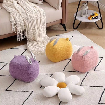 Contemporary Creative Kids Rabbit-Shaped Lambswool Solid Wood Sponge Low Stool Backless Armless For Living Room