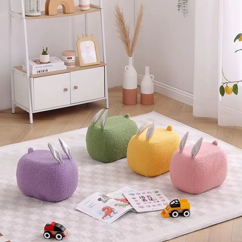 Contemporary Creative Kids Rabbit-Shaped Lambswool Solid Wood Sponge Low Stool Backless Armless For Living Room