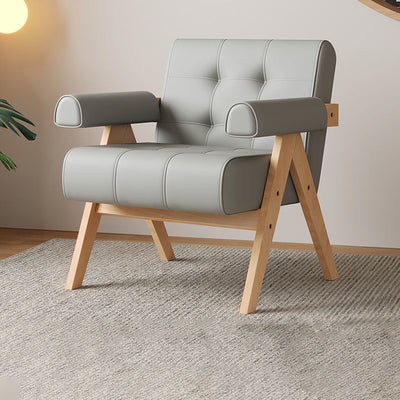 Modern Minimalist Square Foam Solid Wood Faux Leather Accent Chair Backrest Armrests For Living Room