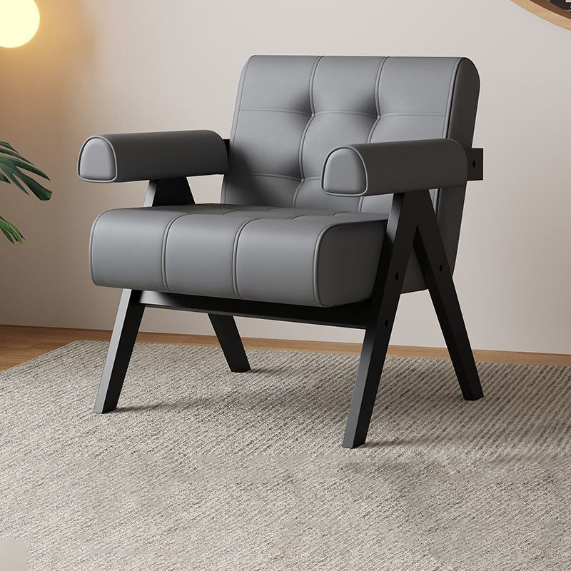 Modern Minimalist Square Foam Solid Wood Faux Leather Accent Chair Backrest Armrests For Living Room