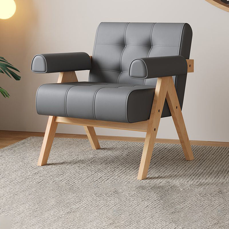 Modern Minimalist Square Foam Solid Wood Faux Leather Accent Chair Backrest Armrests For Living Room