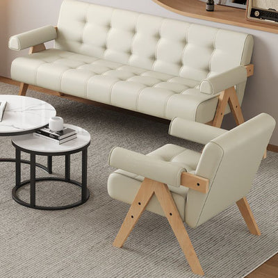 Modern Minimalist Square Foam Solid Wood Faux Leather Accent Chair Backrest Armrests For Living Room