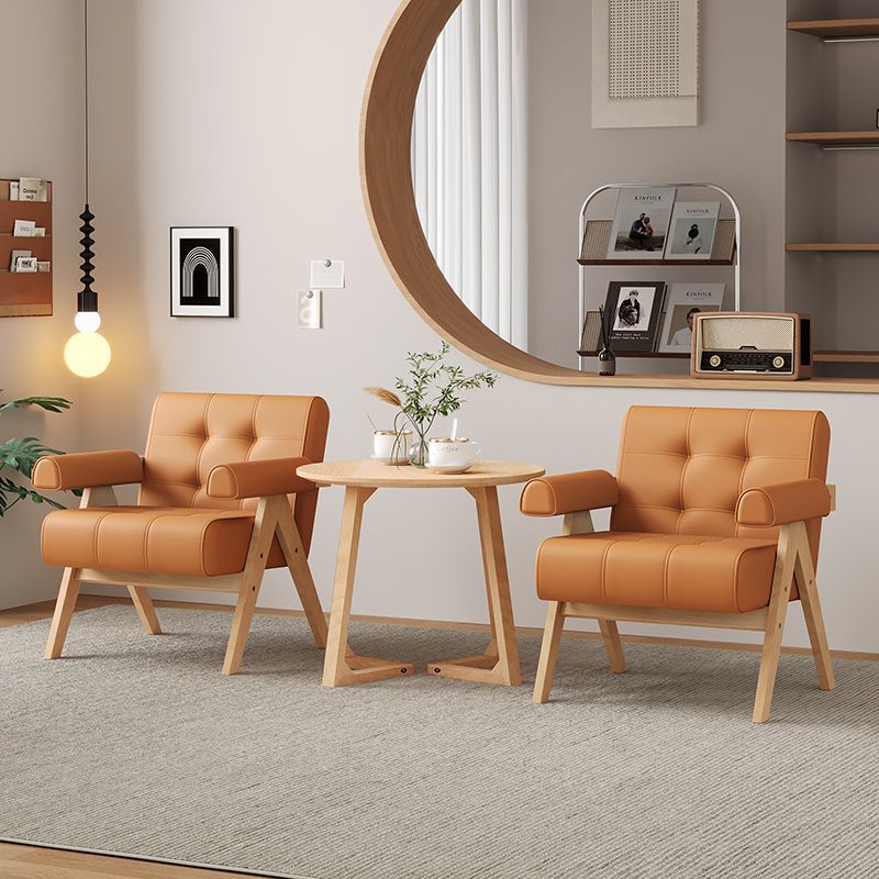 Modern Minimalist Square Foam Solid Wood Faux Leather Accent Chair Backrest Armrests For Living Room