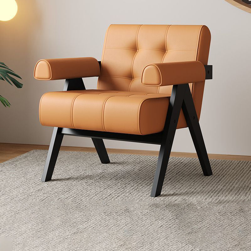 Modern Minimalist Square Foam Solid Wood Faux Leather Accent Chair Backrest Armrests For Living Room