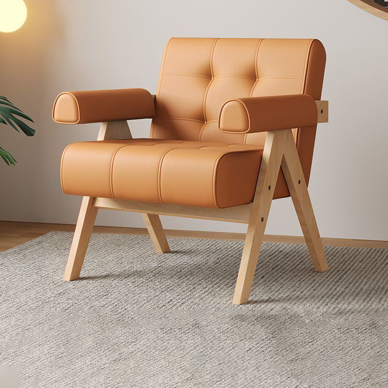 Modern Minimalist Square Foam Solid Wood Faux Leather Accent Chair Backrest Armrests For Living Room