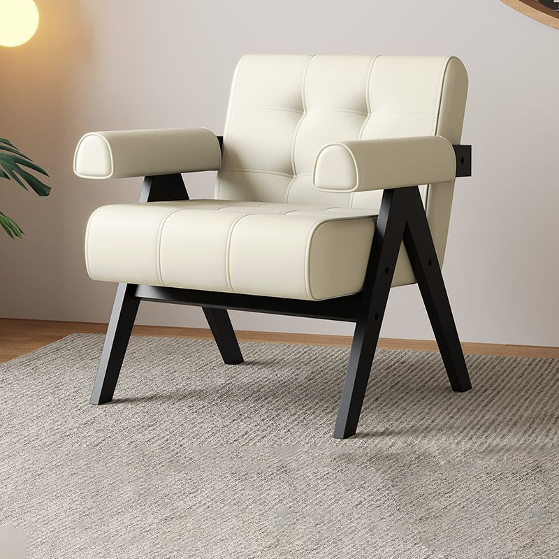 Modern Minimalist Square Foam Solid Wood Faux Leather Accent Chair Backrest Armrests For Living Room