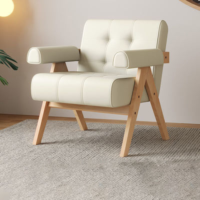 Modern Minimalist Square Foam Solid Wood Faux Leather Accent Chair Backrest Armrests For Living Room