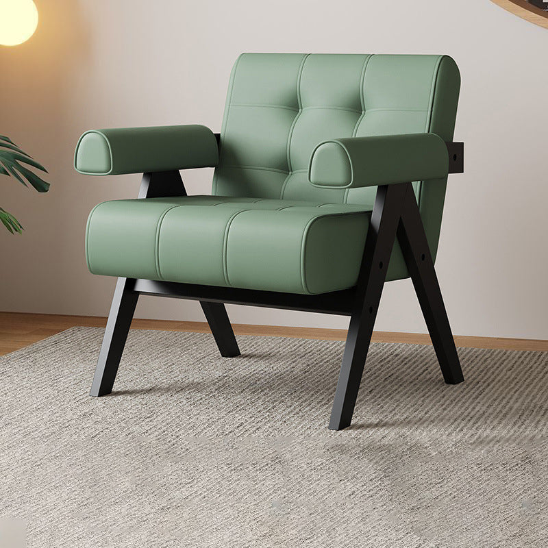 Modern Minimalist Square Foam Solid Wood Faux Leather Accent Chair Backrest Armrests For Living Room