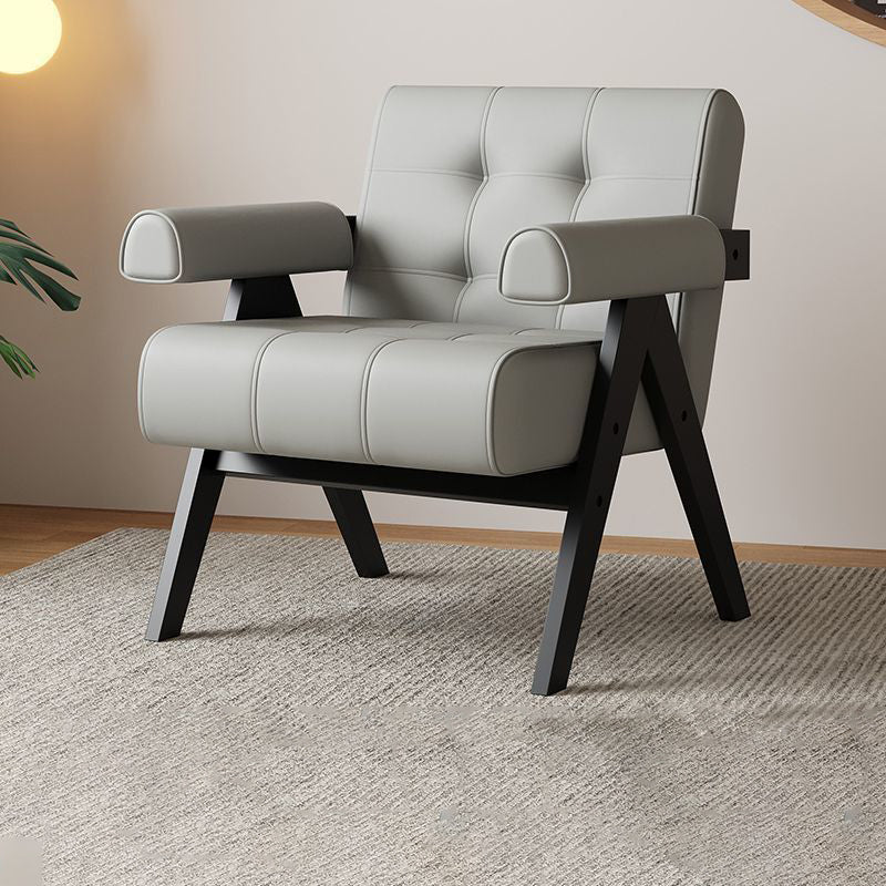 Modern Minimalist Square Foam Solid Wood Faux Leather Accent Chair Backrest Armrests For Living Room